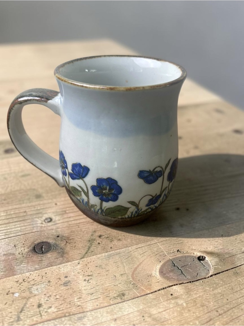 Vintage Blue Floral Stoneware Pottery Mug Rustic Ceramic Cup